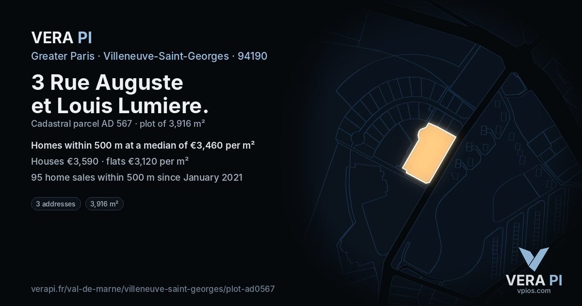 3 Rue Auguste et Louis Lumiere, Villeneuve-Saint-Georges at night – the plot lit, the parcels around coloured by the prices near them