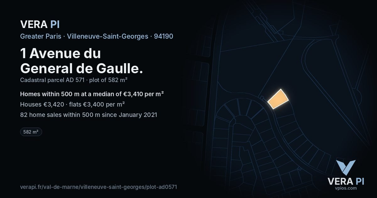 1 Avenue du General de Gaulle, Villeneuve-Saint-Georges at night – the plot lit, the parcels around coloured by the prices near them