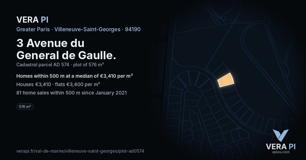 3 Avenue du General de Gaulle, Villeneuve-Saint-Georges at night – the plot lit, the parcels around coloured by the prices near them