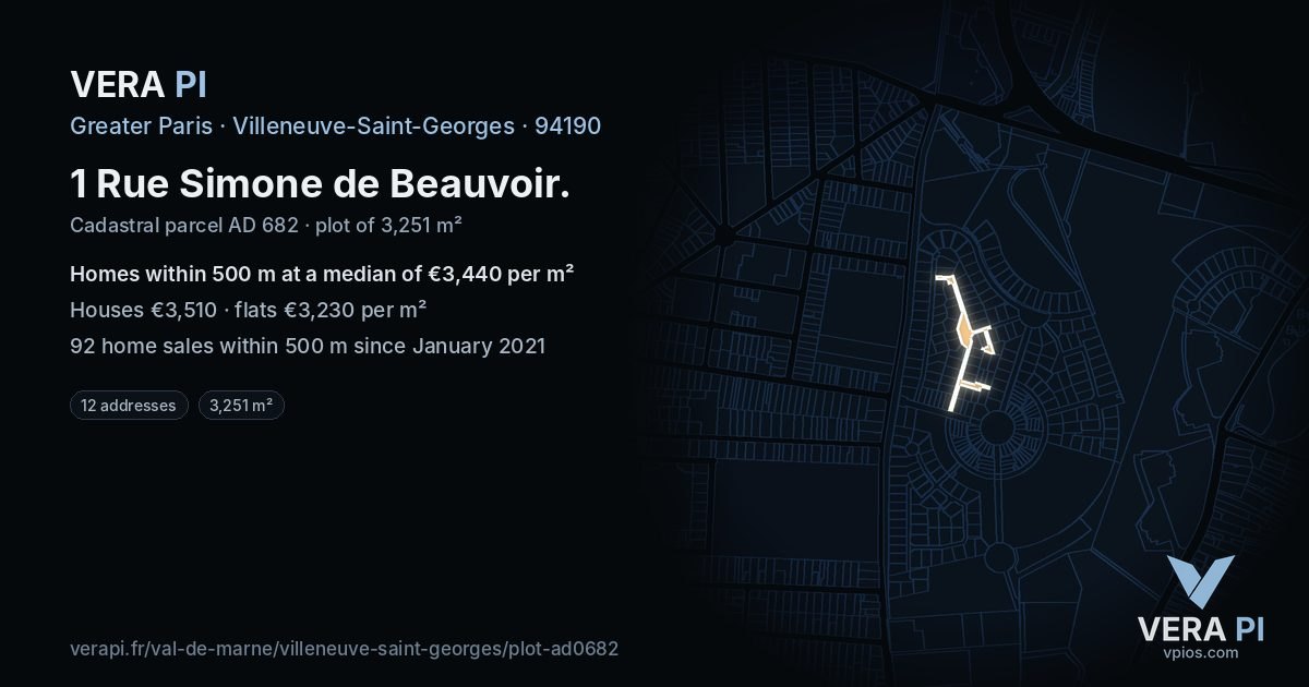 1 Rue Simone de Beauvoir, Villeneuve-Saint-Georges at night – the plot lit, the parcels around coloured by the prices near them