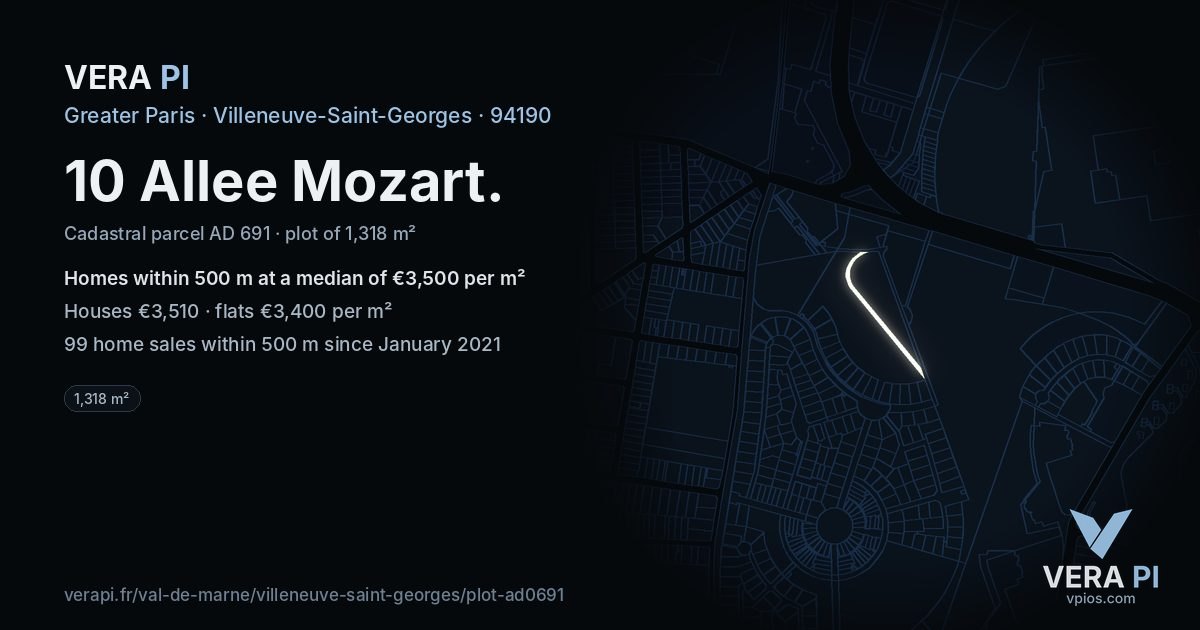 10 Allee Mozart, Villeneuve-Saint-Georges at night – the plot lit, the parcels around coloured by the prices near them
