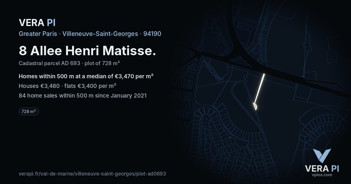 8 Allee Henri Matisse, Villeneuve-Saint-Georges at night – the plot lit, the parcels around coloured by the prices near them