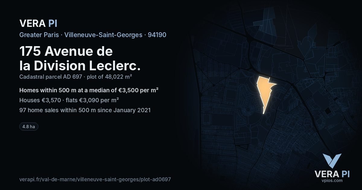 175 Avenue de la Division Leclerc, Villeneuve-Saint-Georges at night – the plot lit, the parcels around coloured by the prices near them