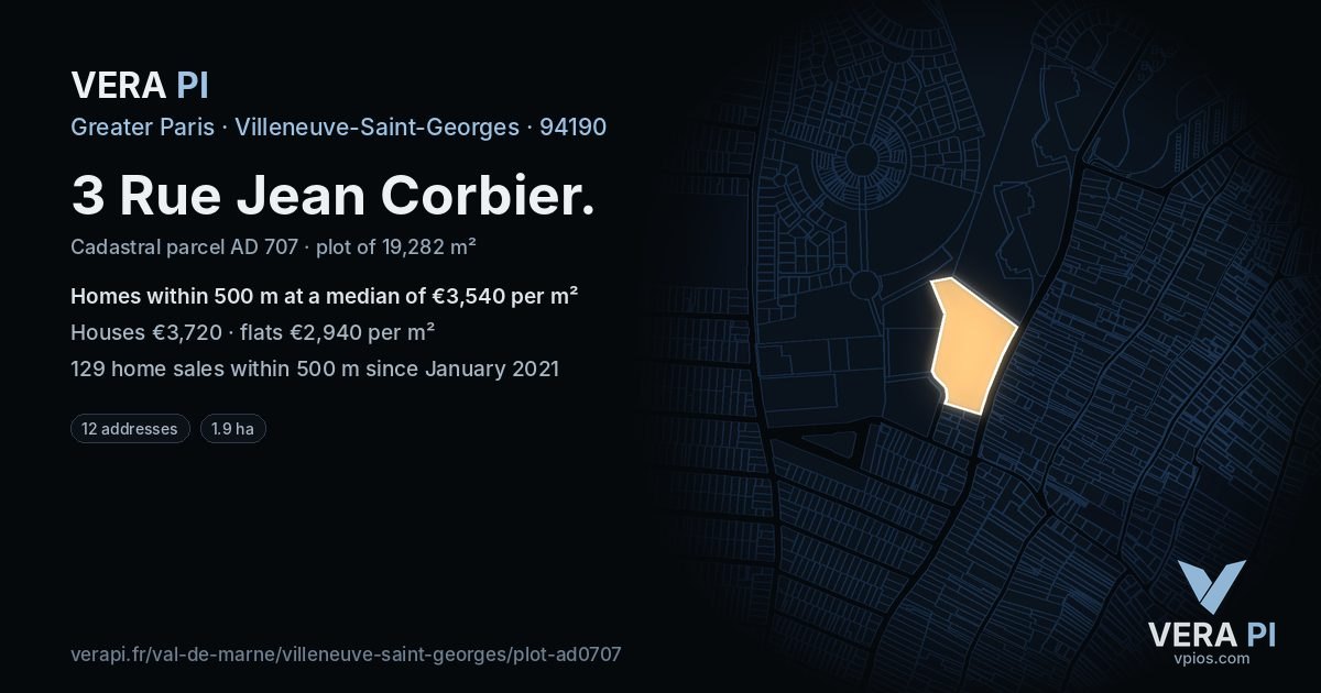 3 Rue Jean Corbier, Villeneuve-Saint-Georges at night – the plot lit, the parcels around coloured by the prices near them