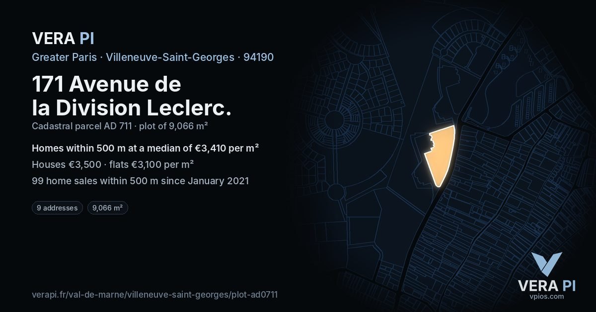 171 Avenue de la Division Leclerc, Villeneuve-Saint-Georges at night – the plot lit, the parcels around coloured by the prices near them