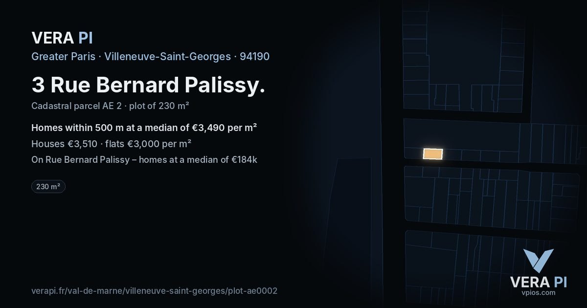 3 Rue Bernard Palissy, Villeneuve-Saint-Georges at night – the plot lit, the parcels around coloured by the prices near them