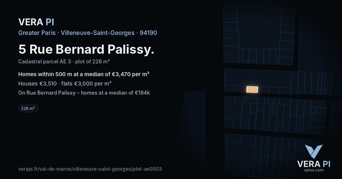 5 Rue Bernard Palissy, Villeneuve-Saint-Georges at night – the plot lit, the parcels around coloured by the prices near them
