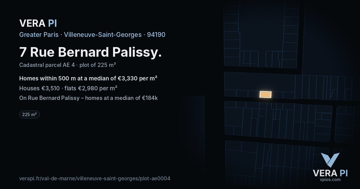 7 Rue Bernard Palissy, Villeneuve-Saint-Georges at night – the plot lit, the parcels around coloured by the prices near them