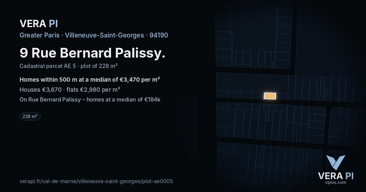 9 Rue Bernard Palissy, Villeneuve-Saint-Georges at night – the plot lit, the parcels around coloured by the prices near them