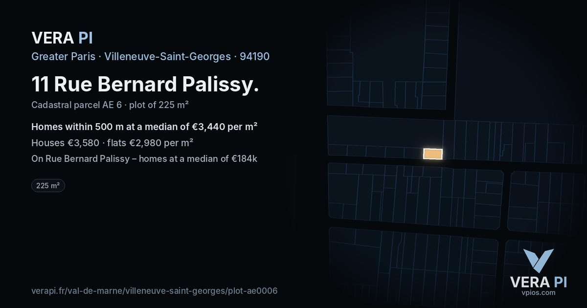11 Rue Bernard Palissy, Villeneuve-Saint-Georges at night – the plot lit, the parcels around coloured by the prices near them