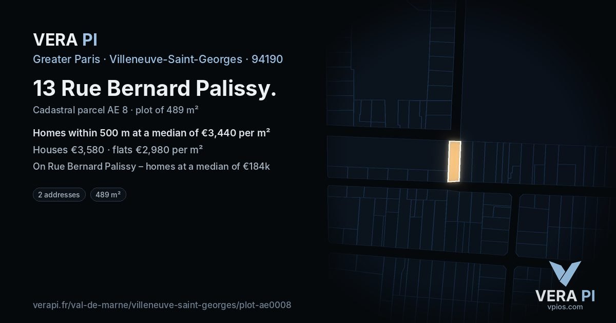 13 Rue Bernard Palissy, Villeneuve-Saint-Georges at night – the plot lit, the parcels around coloured by the prices near them
