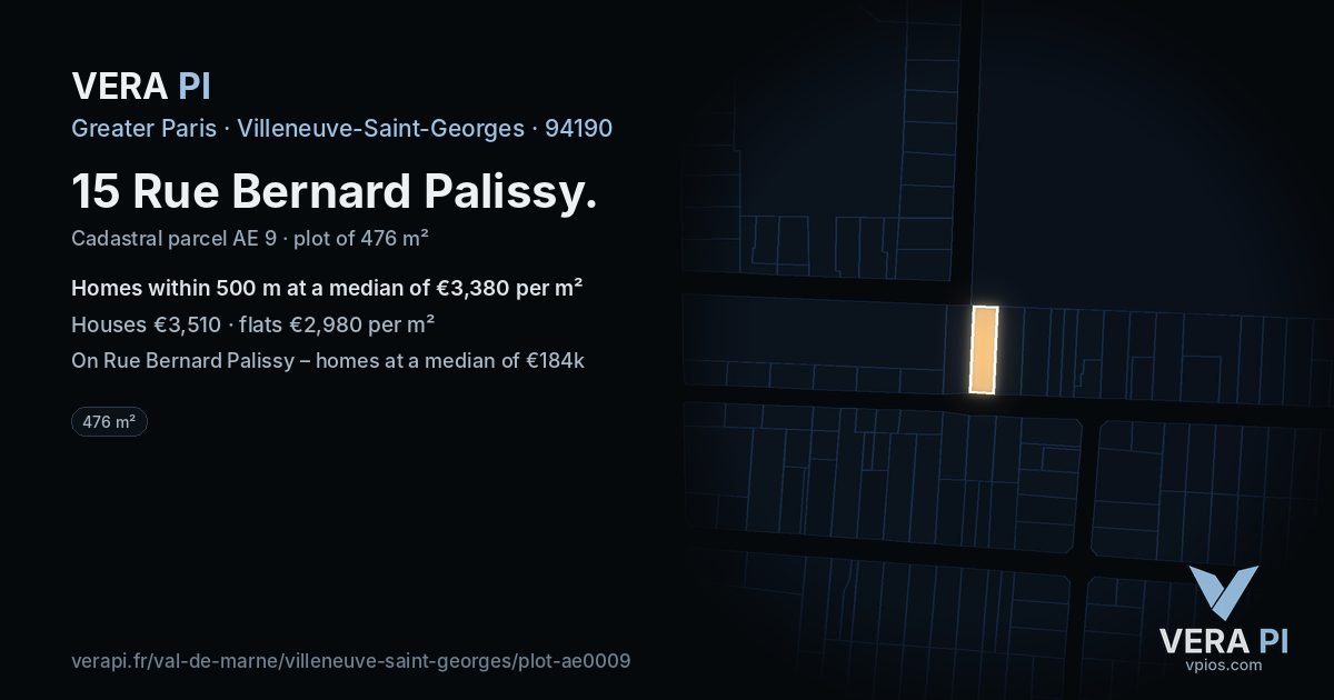15 Rue Bernard Palissy, Villeneuve-Saint-Georges at night – the plot lit, the parcels around coloured by the prices near them