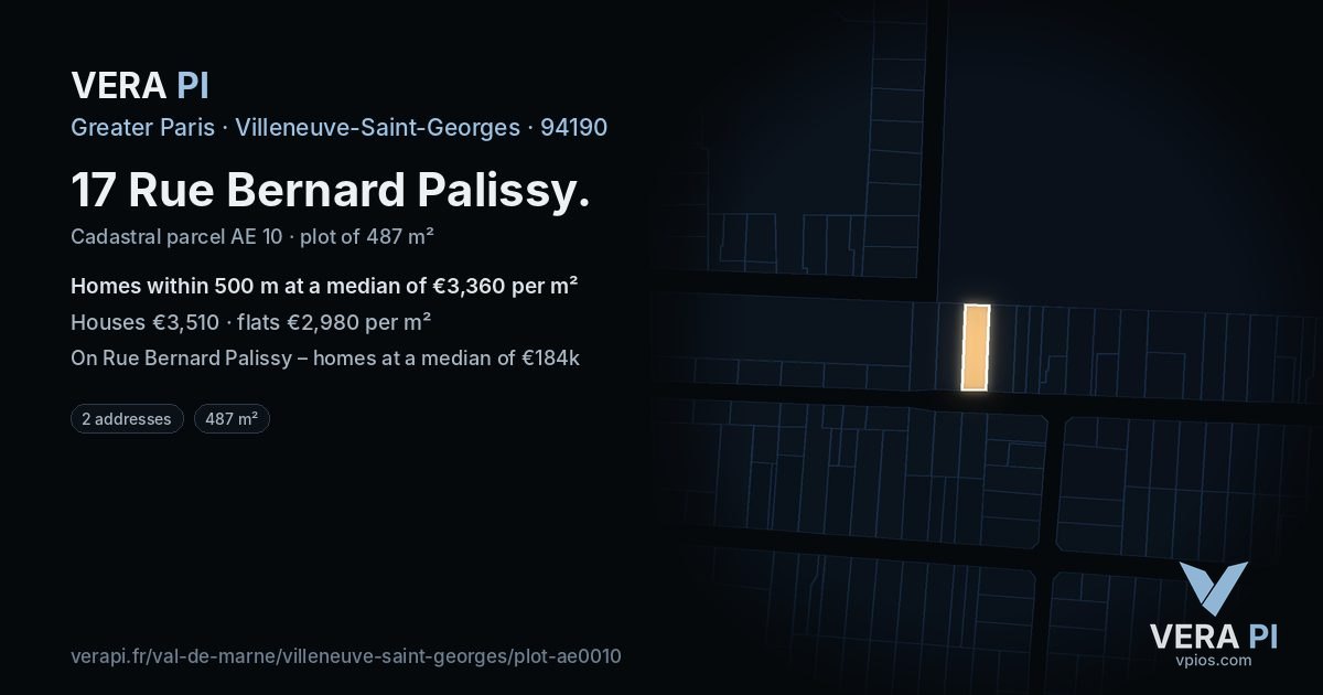 17 Rue Bernard Palissy, Villeneuve-Saint-Georges at night – the plot lit, the parcels around coloured by the prices near them