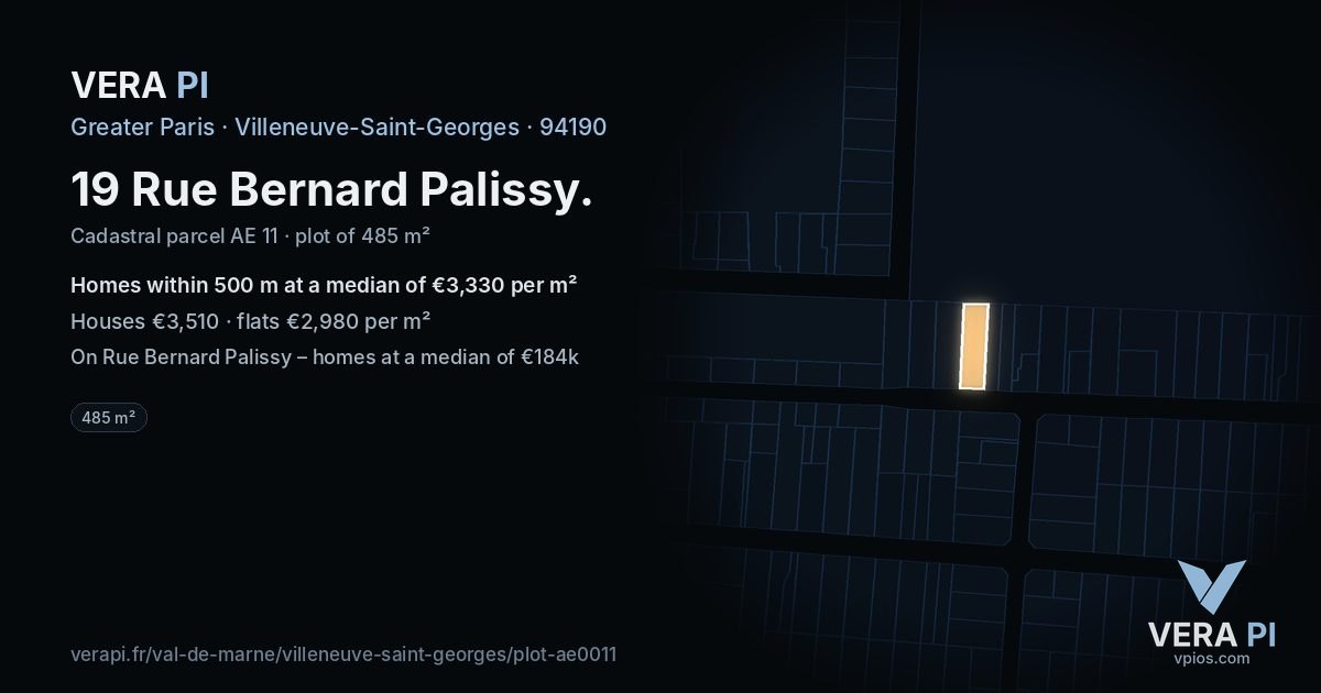19 Rue Bernard Palissy, Villeneuve-Saint-Georges at night – the plot lit, the parcels around coloured by the prices near them