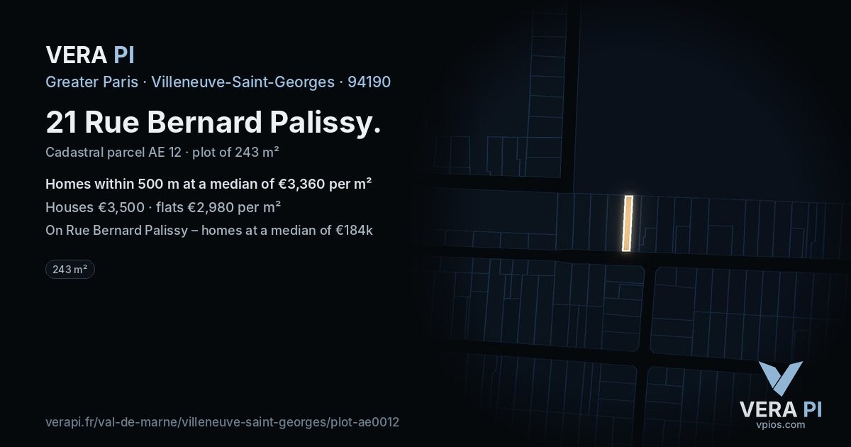 21 Rue Bernard Palissy, Villeneuve-Saint-Georges at night – the plot lit, the parcels around coloured by the prices near them