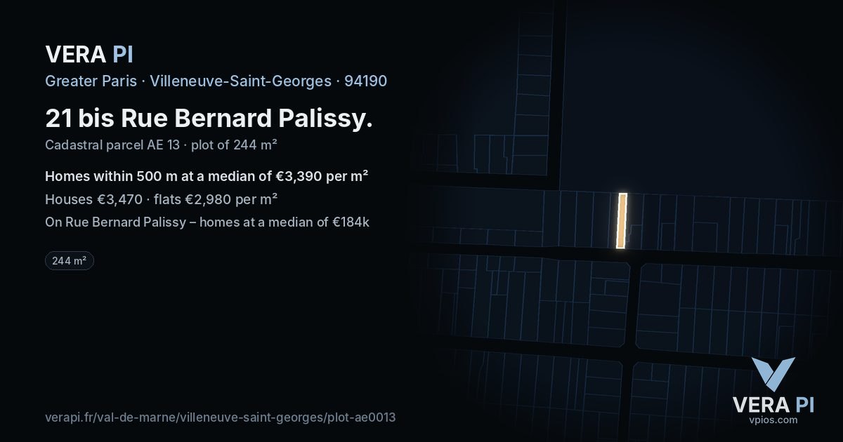 21 bis Rue Bernard Palissy, Villeneuve-Saint-Georges at night – the plot lit, the parcels around coloured by the prices near them