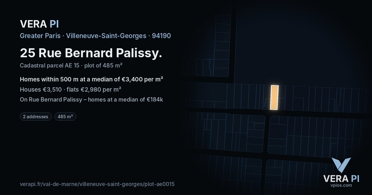 25 Rue Bernard Palissy, Villeneuve-Saint-Georges at night – the plot lit, the parcels around coloured by the prices near them