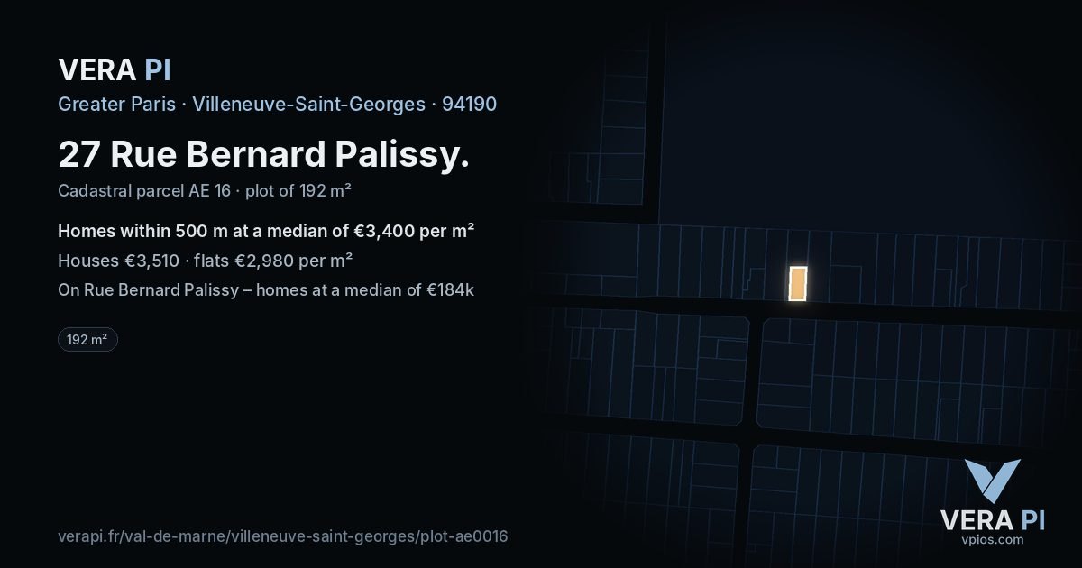 27 Rue Bernard Palissy, Villeneuve-Saint-Georges at night – the plot lit, the parcels around coloured by the prices near them