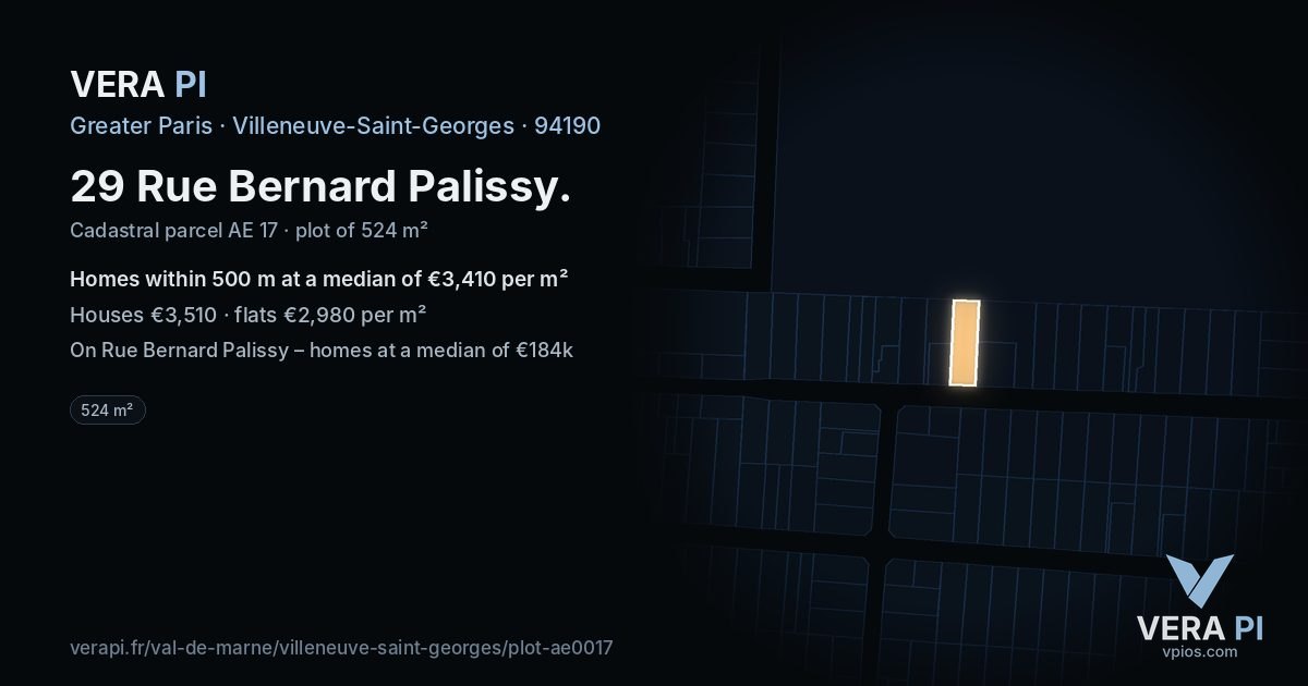 29 Rue Bernard Palissy, Villeneuve-Saint-Georges at night – the plot lit, the parcels around coloured by the prices near them