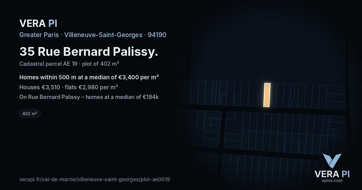35 Rue Bernard Palissy, Villeneuve-Saint-Georges at night – the plot lit, the parcels around coloured by the prices near them