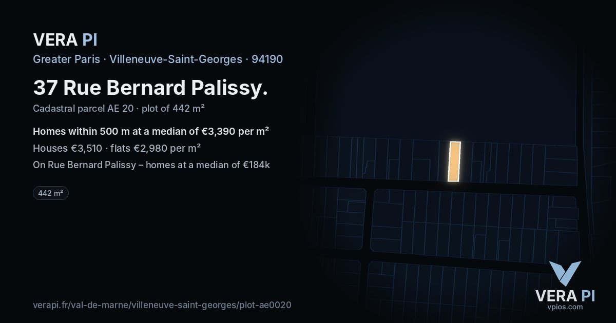 37 Rue Bernard Palissy, Villeneuve-Saint-Georges at night – the plot lit, the parcels around coloured by the prices near them