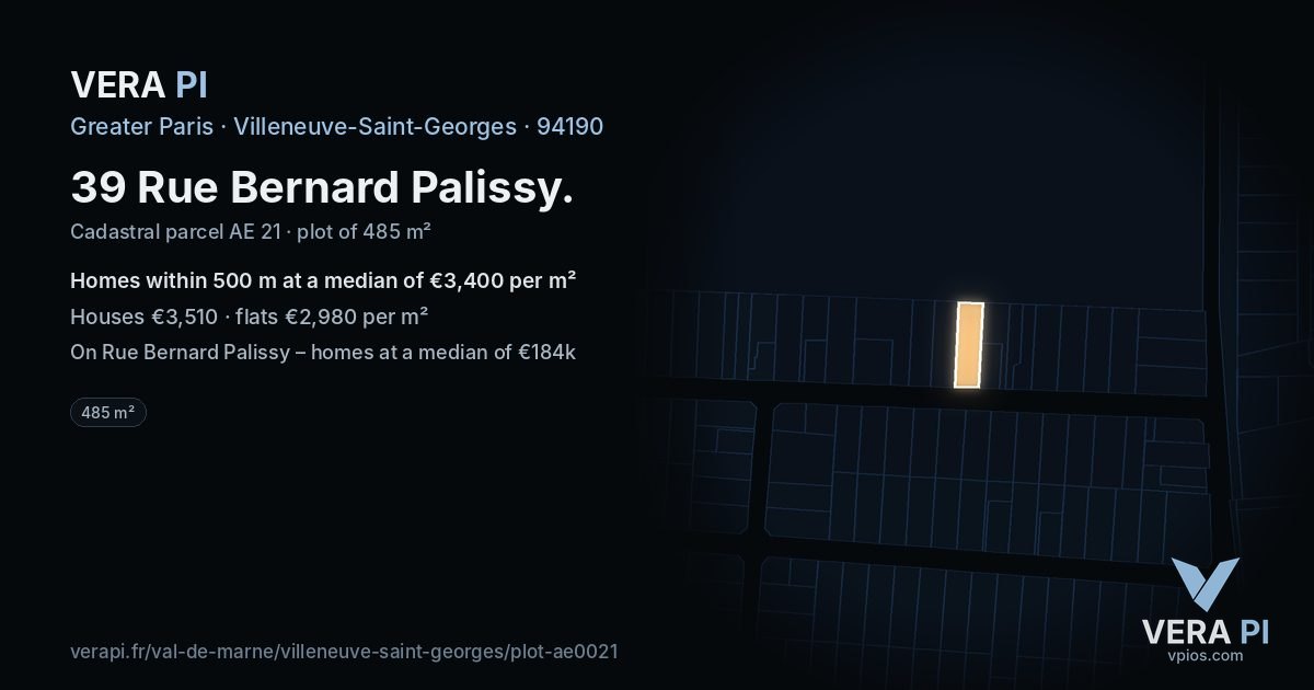 39 Rue Bernard Palissy, Villeneuve-Saint-Georges at night – the plot lit, the parcels around coloured by the prices near them