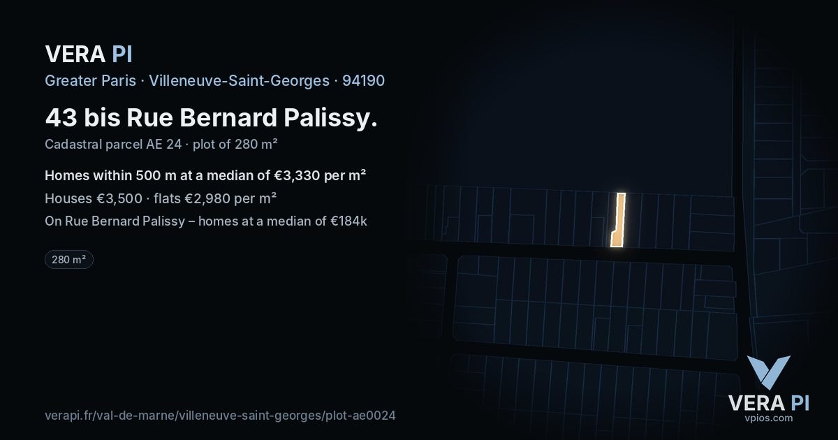 43 bis Rue Bernard Palissy, Villeneuve-Saint-Georges at night – the plot lit, the parcels around coloured by the prices near them