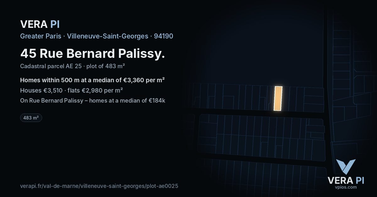 45 Rue Bernard Palissy, Villeneuve-Saint-Georges at night – the plot lit, the parcels around coloured by the prices near them