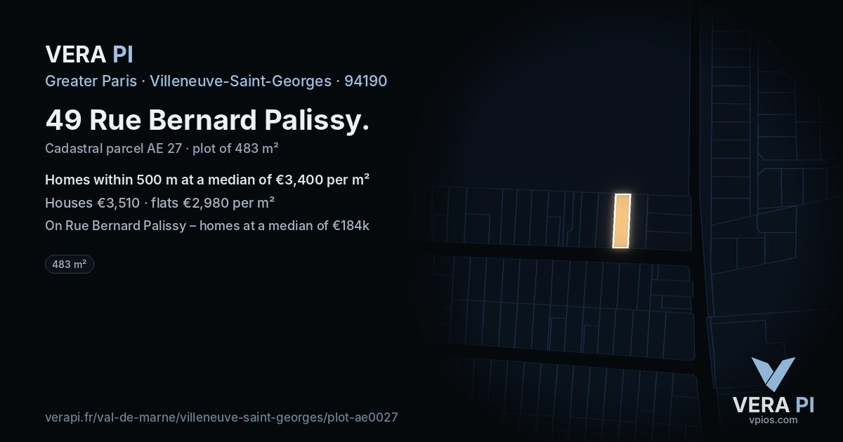 49 Rue Bernard Palissy, Villeneuve-Saint-Georges at night – the plot lit, the parcels around coloured by the prices near them