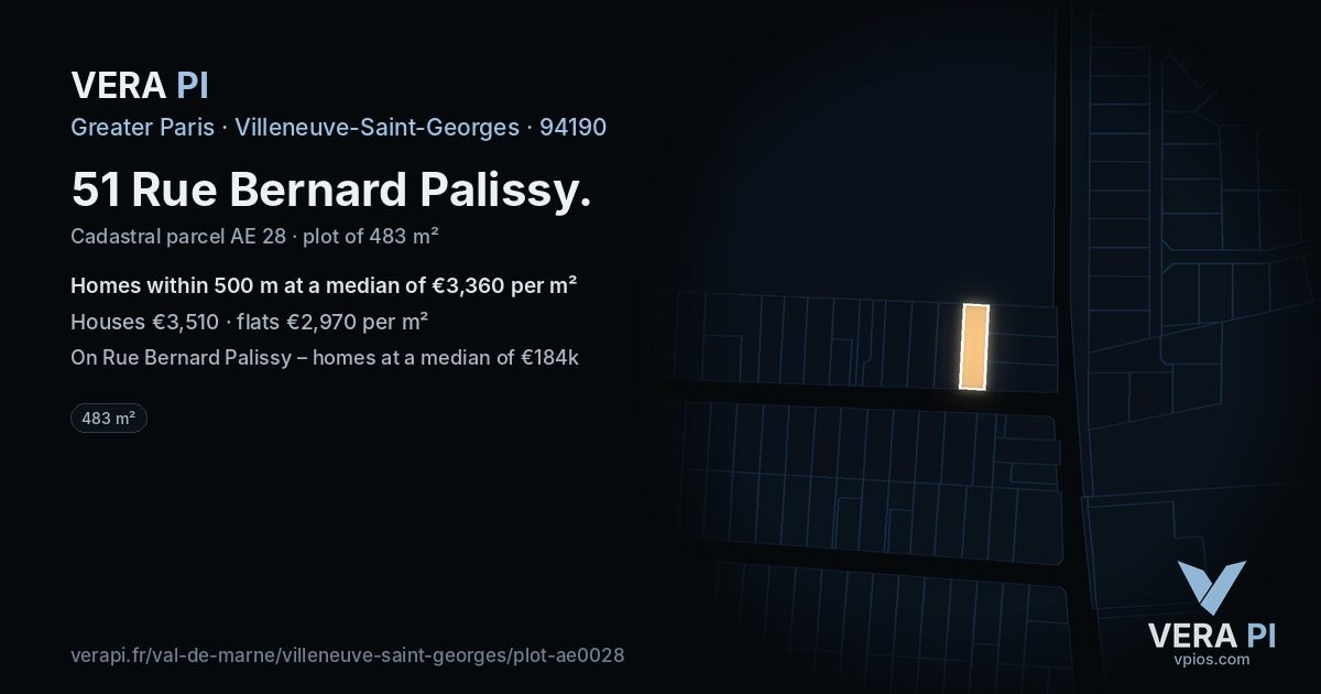 51 Rue Bernard Palissy, Villeneuve-Saint-Georges at night – the plot lit, the parcels around coloured by the prices near them