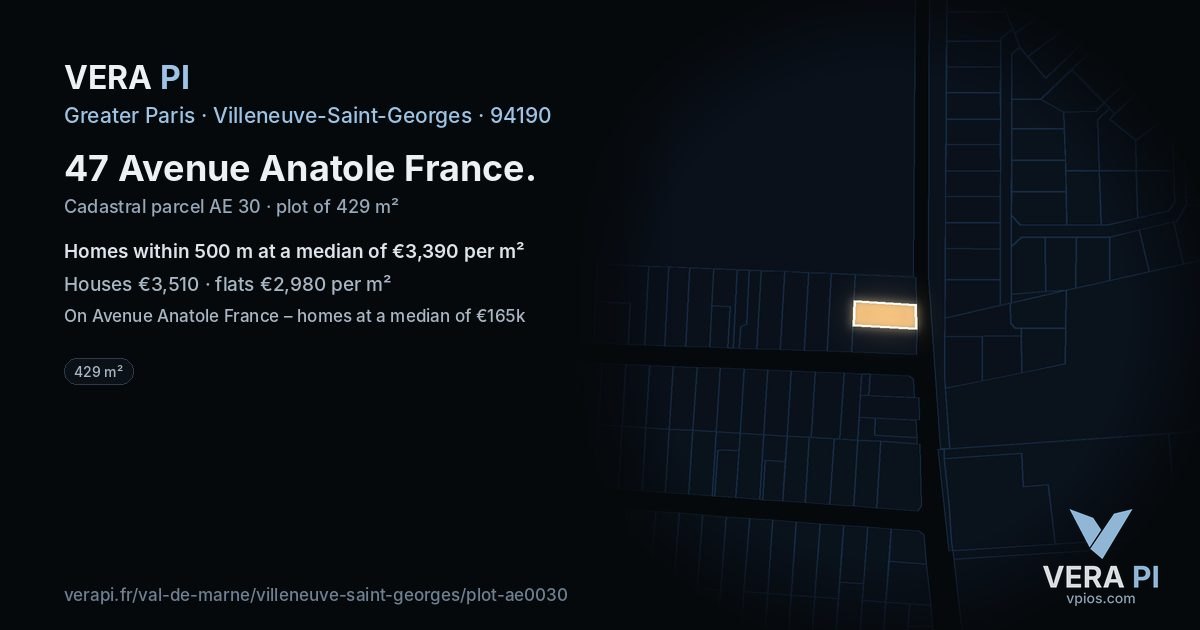 47 Avenue Anatole France, Villeneuve-Saint-Georges at night – the plot lit, the parcels around coloured by the prices near them