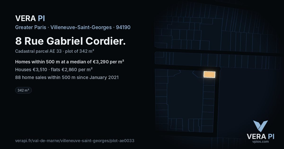 8 Rue Gabriel Cordier, Villeneuve-Saint-Georges at night – the plot lit, the parcels around coloured by the prices near them