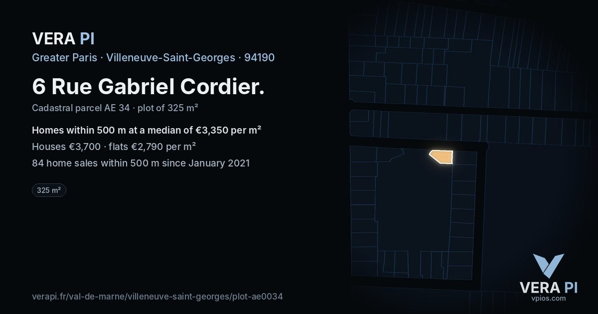 6 Rue Gabriel Cordier, Villeneuve-Saint-Georges at night – the plot lit, the parcels around coloured by the prices near them