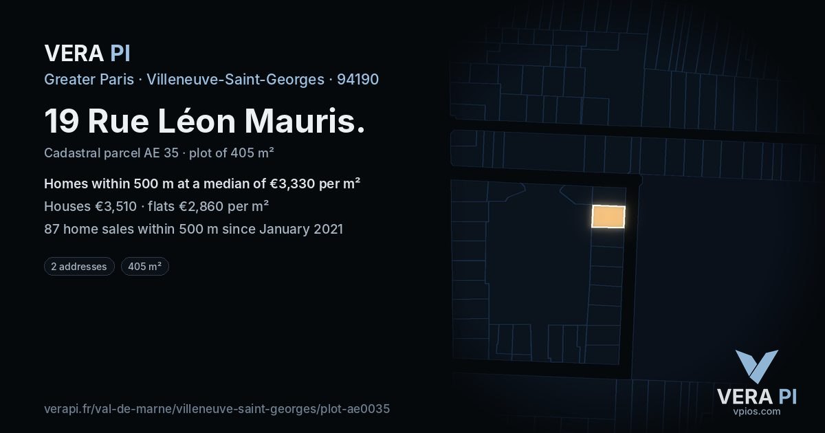 19 Rue Léon Mauris, Villeneuve-Saint-Georges at night – the plot lit, the parcels around coloured by the prices near them