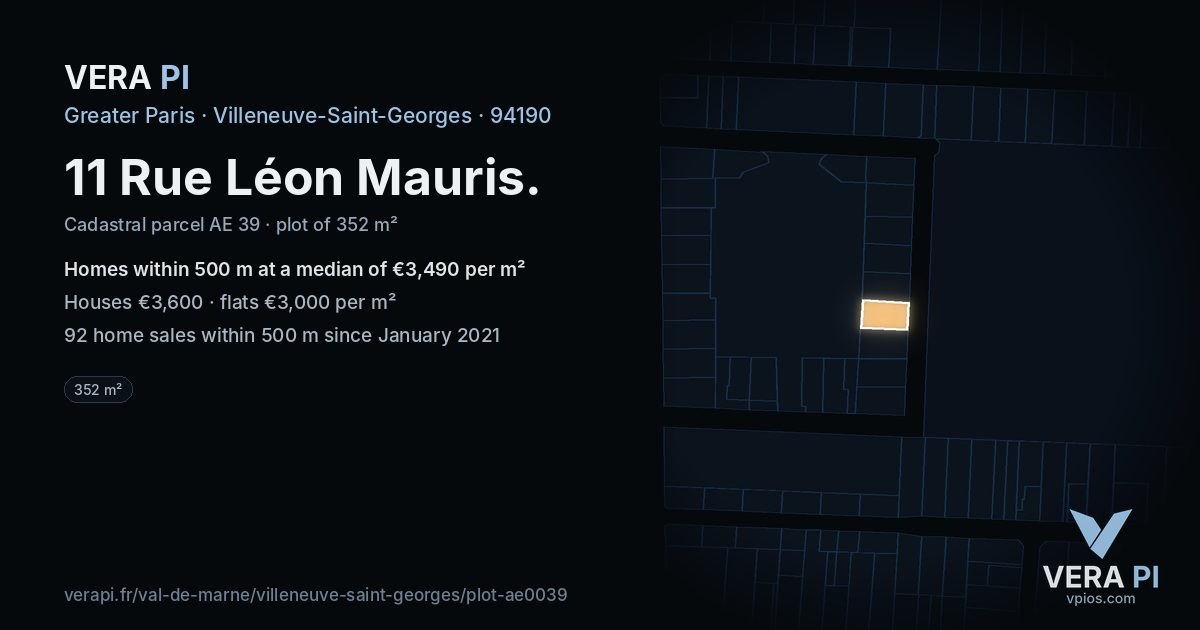 11 Rue Léon Mauris, Villeneuve-Saint-Georges at night – the plot lit, the parcels around coloured by the prices near them