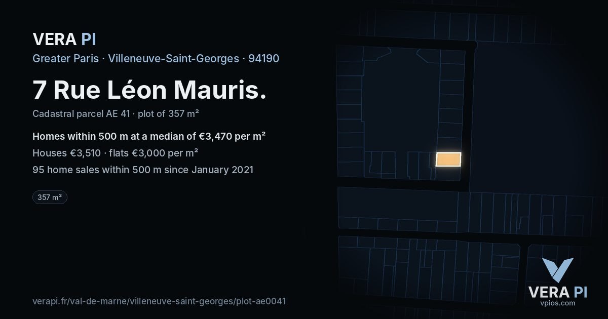 7 Rue Léon Mauris, Villeneuve-Saint-Georges at night – the plot lit, the parcels around coloured by the prices near them