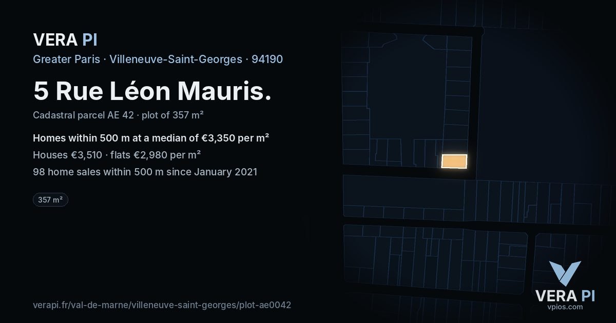 5 Rue Léon Mauris, Villeneuve-Saint-Georges at night – the plot lit, the parcels around coloured by the prices near them
