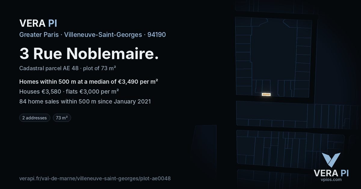 3 Rue Noblemaire, Villeneuve-Saint-Georges at night – the plot lit, the parcels around coloured by the prices near them