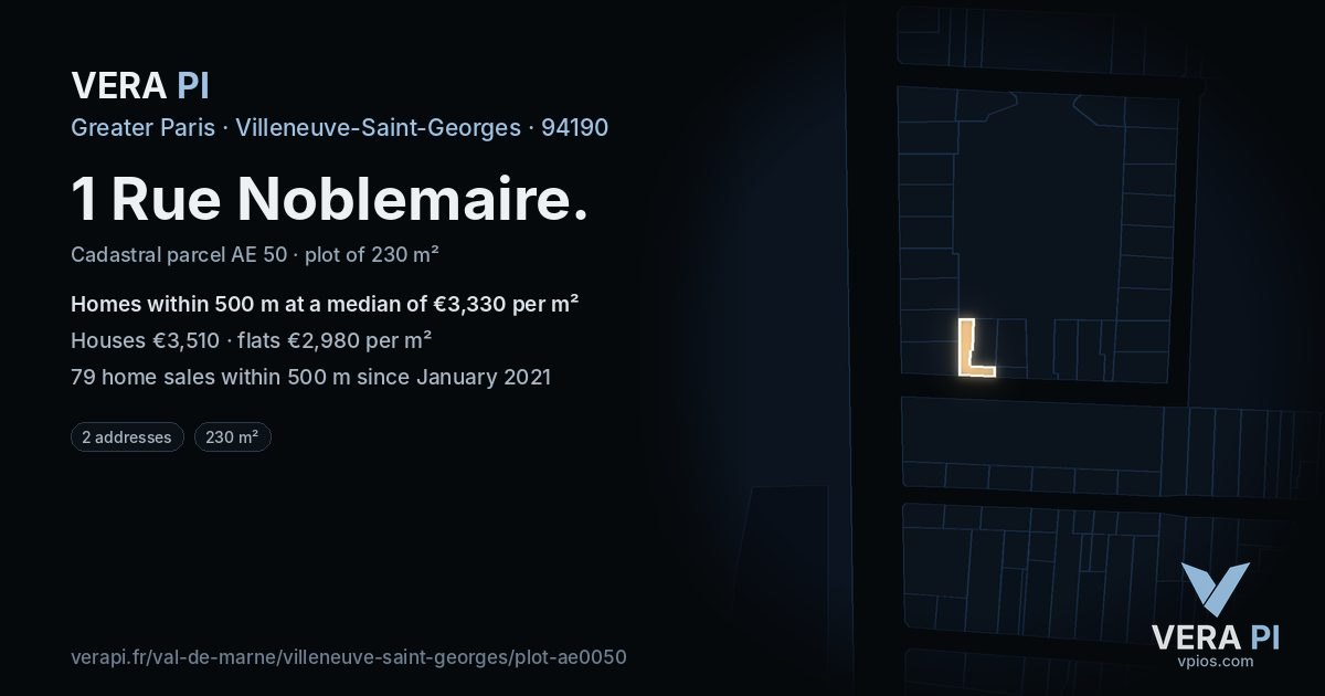 1 Rue Noblemaire, Villeneuve-Saint-Georges at night – the plot lit, the parcels around coloured by the prices near them