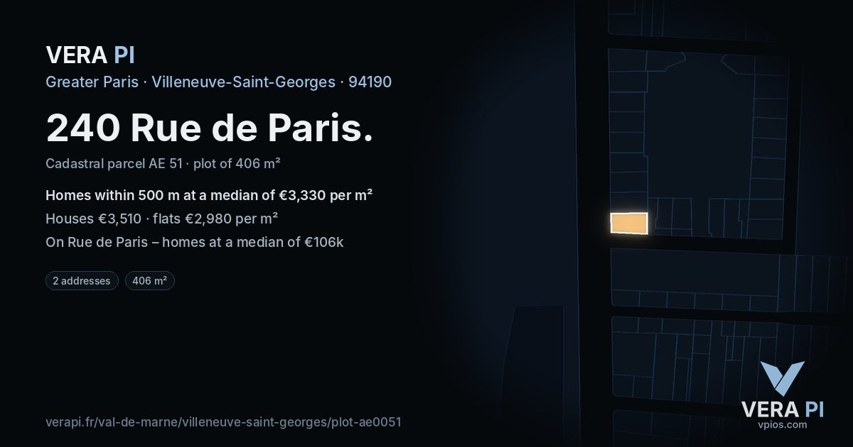 240 Rue de Paris, Villeneuve-Saint-Georges at night – the plot lit, the parcels around coloured by the prices near them