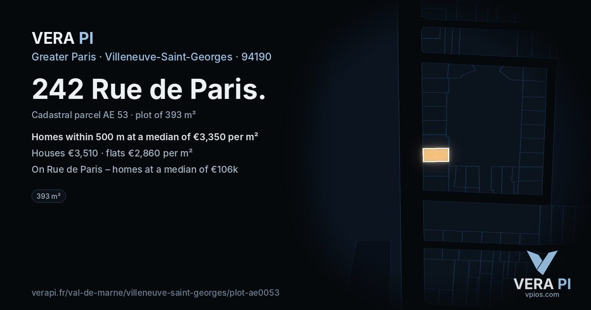 242 Rue de Paris, Villeneuve-Saint-Georges at night – the plot lit, the parcels around coloured by the prices near them