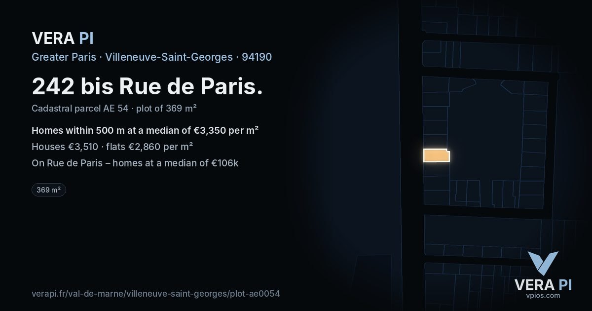 242 bis Rue de Paris, Villeneuve-Saint-Georges at night – the plot lit, the parcels around coloured by the prices near them