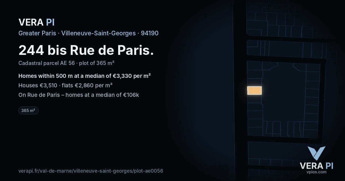 244 bis Rue de Paris, Villeneuve-Saint-Georges at night – the plot lit, the parcels around coloured by the prices near them