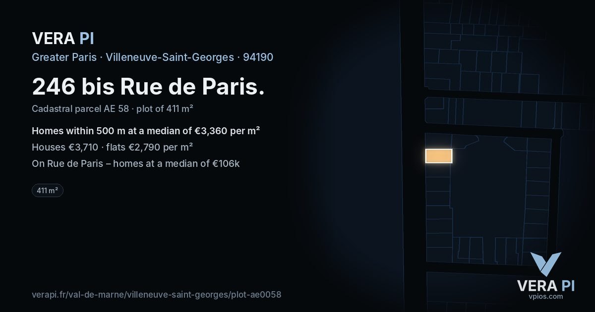 246 bis Rue de Paris, Villeneuve-Saint-Georges at night – the plot lit, the parcels around coloured by the prices near them