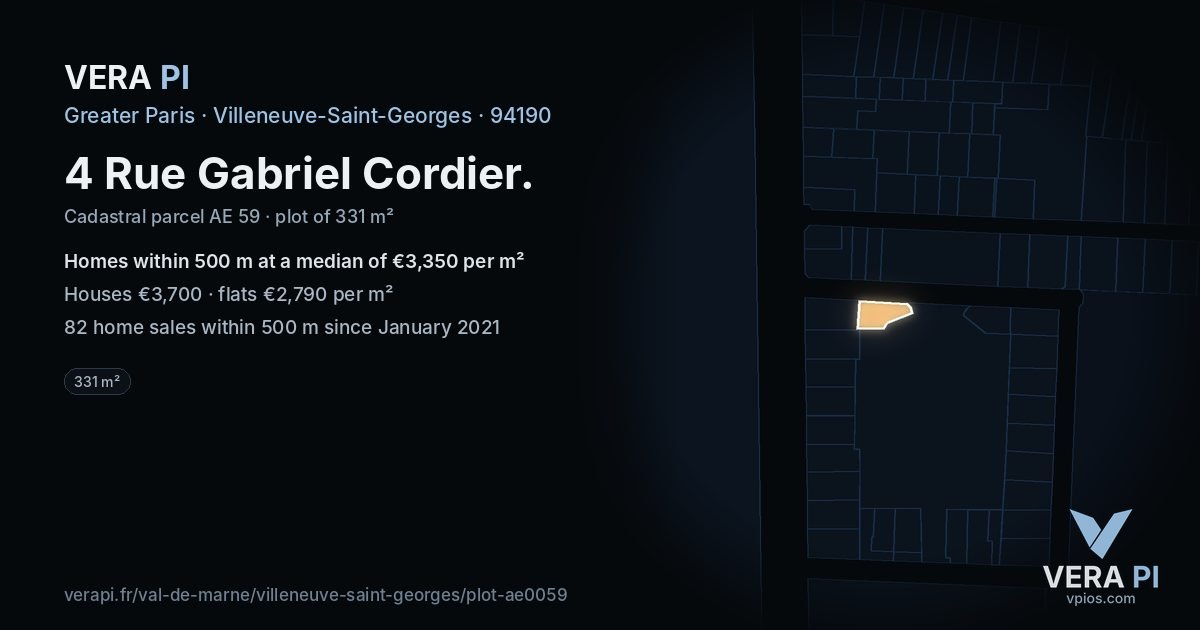 4 Rue Gabriel Cordier, Villeneuve-Saint-Georges at night – the plot lit, the parcels around coloured by the prices near them
