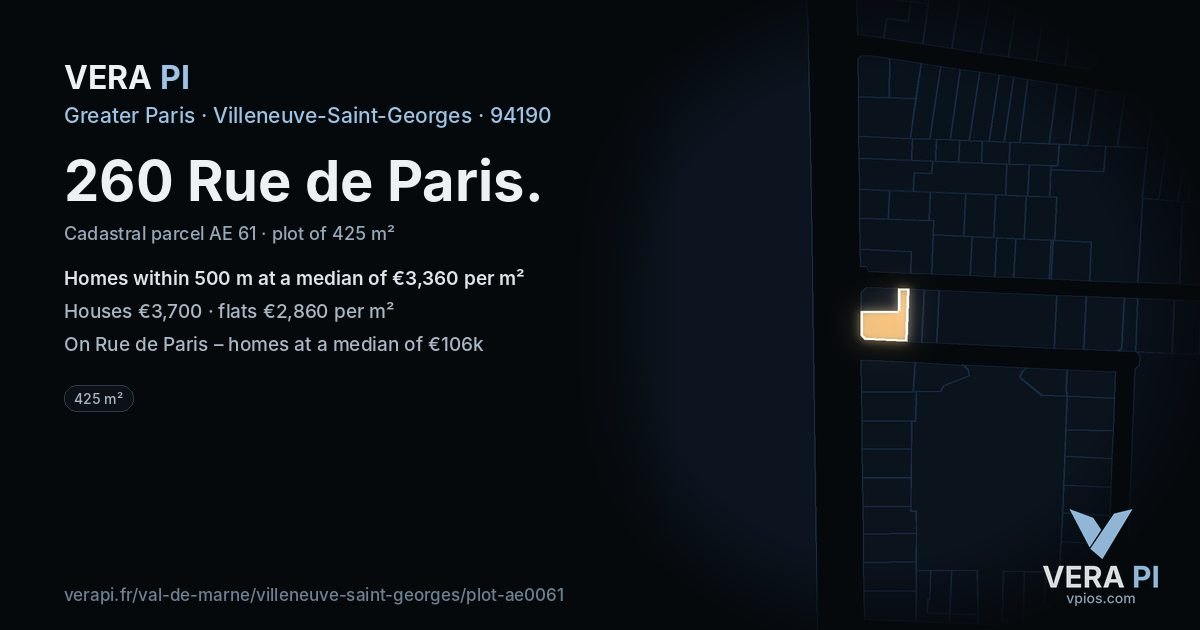 260 Rue de Paris, Villeneuve-Saint-Georges at night – the plot lit, the parcels around coloured by the prices near them