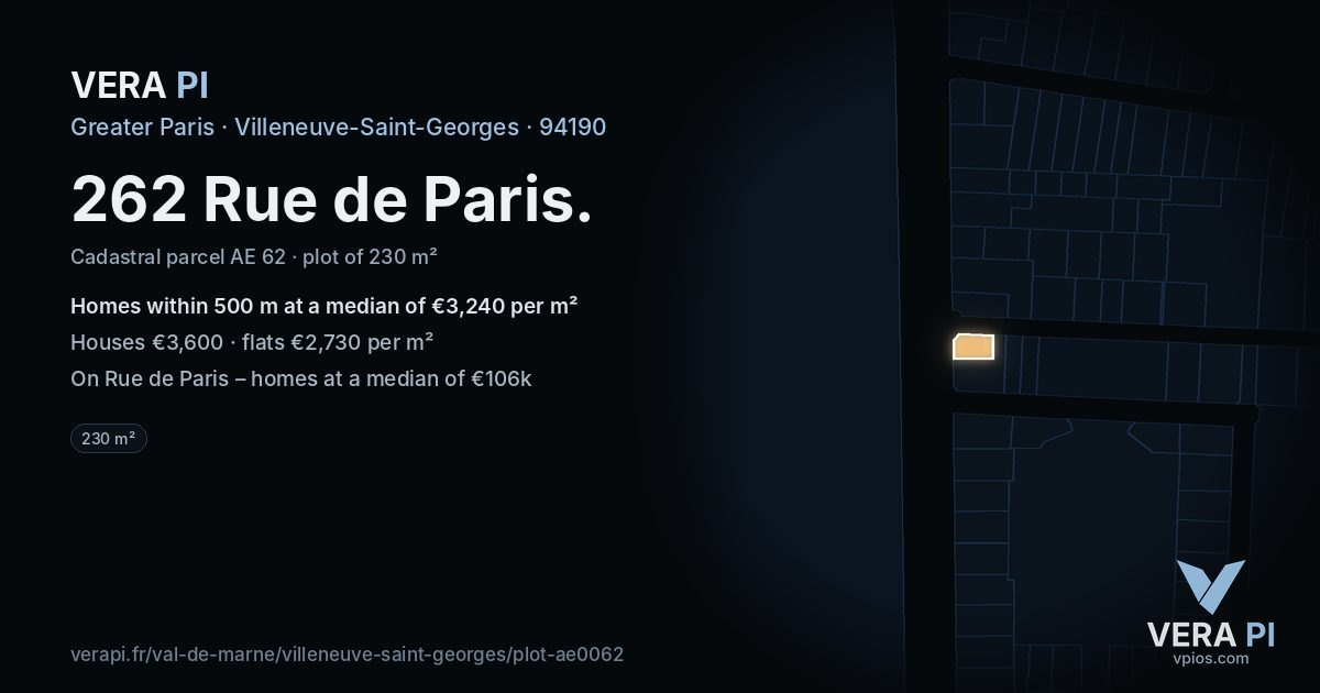 262 Rue de Paris, Villeneuve-Saint-Georges at night – the plot lit, the parcels around coloured by the prices near them