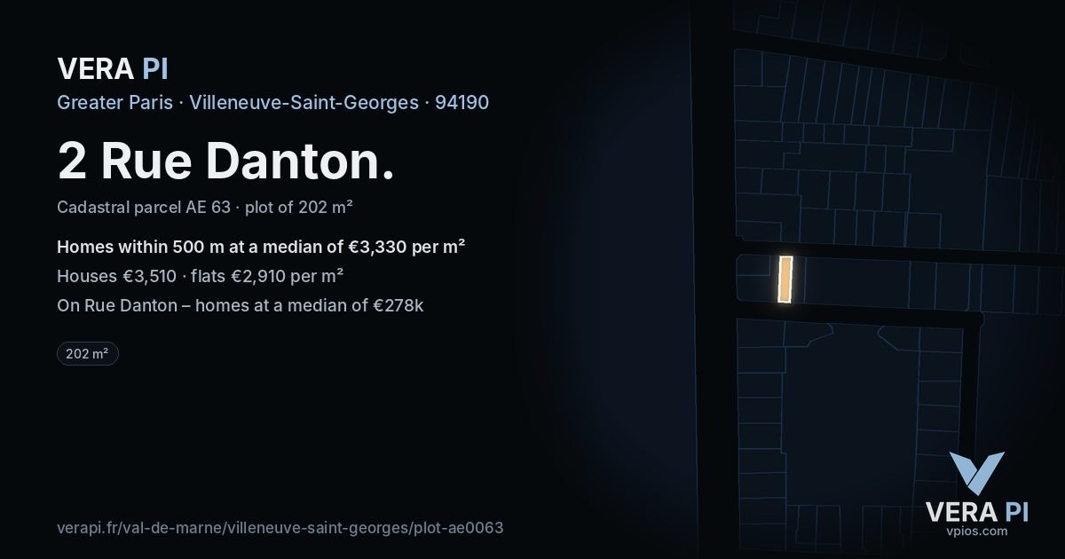 2 Rue Danton, Villeneuve-Saint-Georges at night – the plot lit, the parcels around coloured by the prices near them
