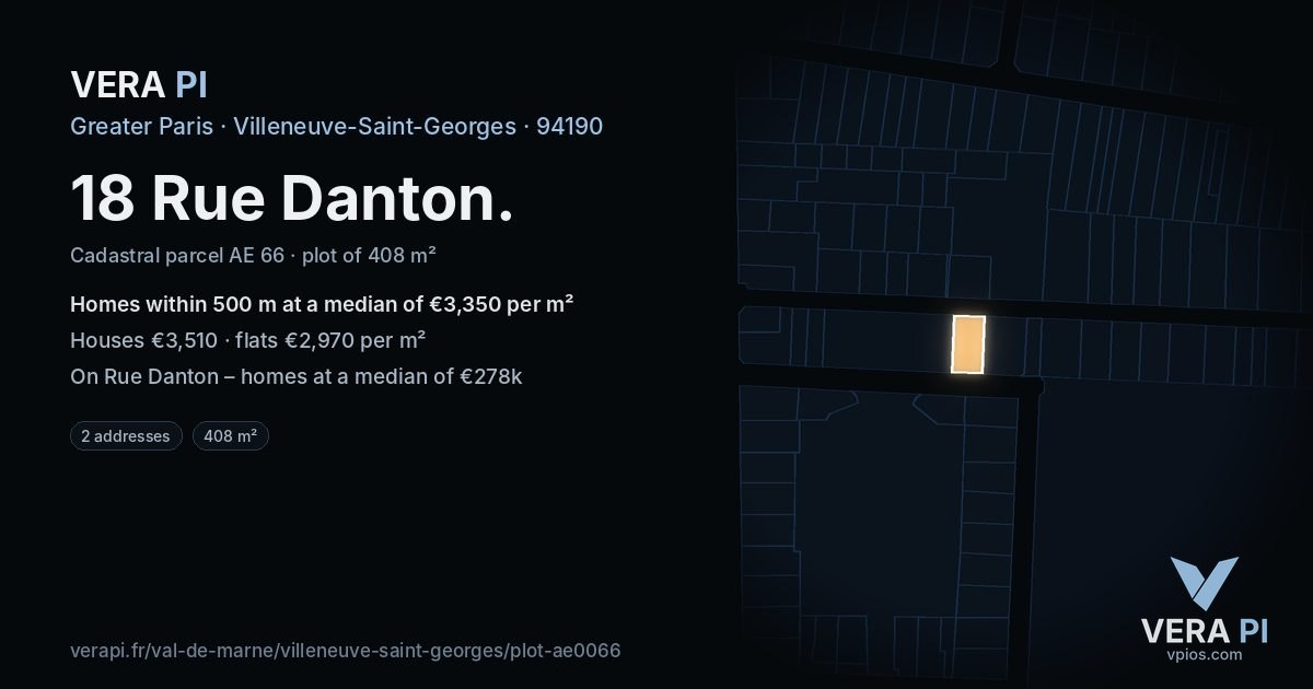 18 Rue Danton, Villeneuve-Saint-Georges at night – the plot lit, the parcels around coloured by the prices near them