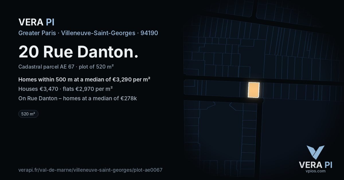 20 Rue Danton, Villeneuve-Saint-Georges at night – the plot lit, the parcels around coloured by the prices near them